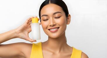 Radiant Asian Woman Promoting Skincare Product with Confidence, Smiling Woman Holding White Bottle with Yellow Cap in Minimalist Studio Setting photo