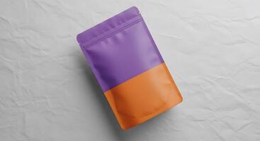Two-tone stand-up pouch on wrinkled background, Packaging mockup for branding design presentation, Flat lay product shot with purple and orange pouch bag photo