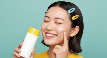 Radiant woman applying sunscreen with a bright smile, showcasing skincare routine and sun protection, Young woman with joyful expression demonstrating sunblock application photo