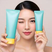 Cheerful Young Woman Promoting Skincare Products with Playful Wink, Beauty Presentation Radiant Model Showcasing Skincare Creams with a Confident and Inviting Gaze photo
