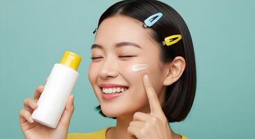 Radiant skincare Smiling woman applying cream, Asian model with moisturizing cream, and youthful glow,A healthy, happy woman with glowing skin showing the proper care and beauty regime photo