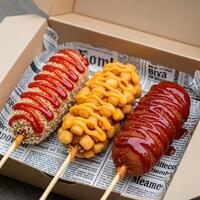 Korean corn dogs with ketchup, cheese, and sweet chili sauces, A delicious and visually appealing Korean street food assortment in a takeout box photo