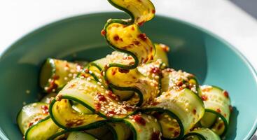 Spiraled Cucumber Salad with Sesame Seeds and Chili Flakes on Blue Plate, Delicious and Refreshing Korean Cucumber Salad with Spicy Dressing and Sesame Seed Garnish photo