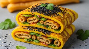 Jianbing Crepe Stack with Black Sesame Seeds, Authentic Chinese Street Food Delight, Savory Jianbing Topped with Fried Dough Sticks and Fresh Herbs photo