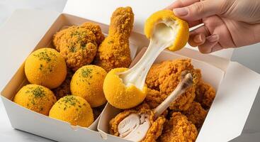 Delicious Fried Chicken and Cheese Balls A Tempting Feast for Food Lovers, Mouthwatering Fried Chicken Meal with Gooey Cheese Balls photo