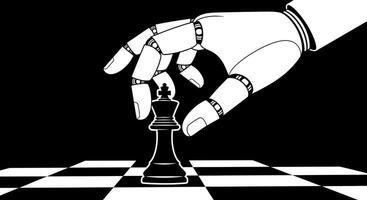 AI Chess Robot hand with game strategy, black, and white. vector