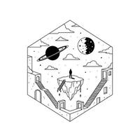 Surreal Space Landscape with Floating Island. vector
