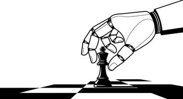 AI Chess Move Robot hand holding chess piece. vector