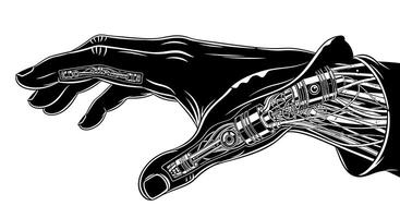 Robotic Hand with Technology, Bionic, Future, Black, and White. vector