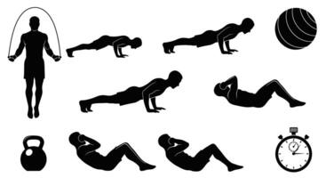 Exercise Icons Set Workout Silhouettes. vector