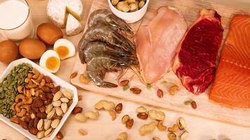 Variety of meats, nuts, and dairy products video