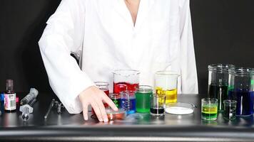 Scientist conducts experiment with colorful liquids video