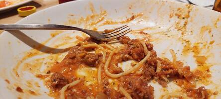 A plate with spaghetti and meat on it photo