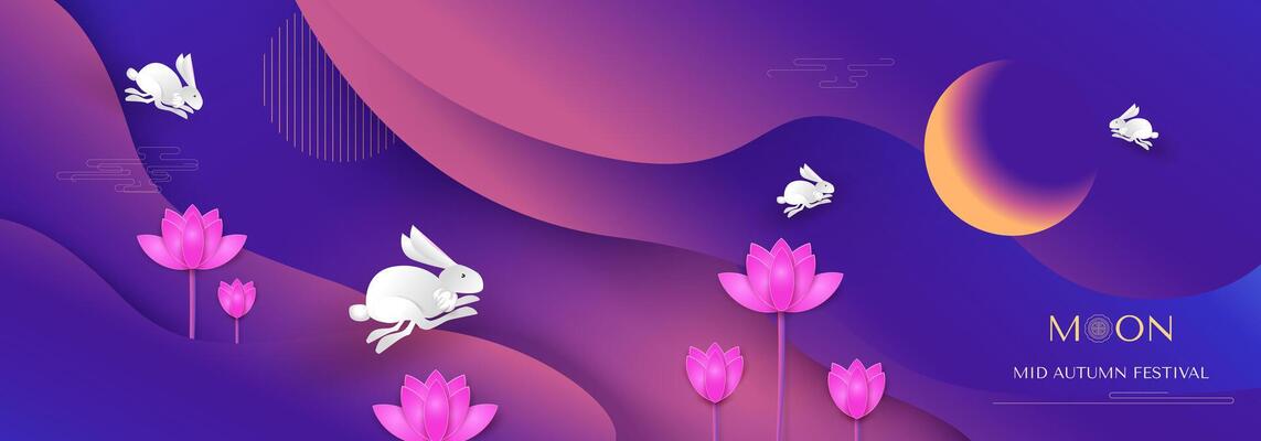 Mid-Autumn Festival. Jumping rabbits, lotus flowers, full moon. Chuseok, Chinese translation Mid-Autumn. Banner, background and poster.