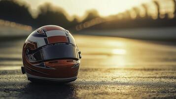 Red and White Racing Helmet Resting on Track During Sunset photo