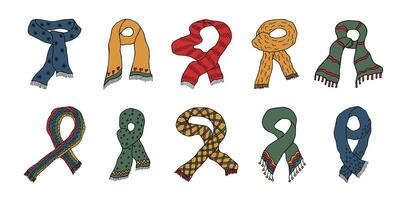 Knitted scarf doodle set Hand drawn winter accessories Single design element for card, print, design, decor one vector