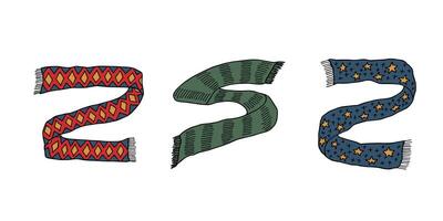 four Knitted scarf doodle set Hand drawn winter accessories Single design element for card, print, design, decor vector