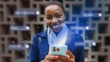 Young woman smiling while using smartphone with various AI applications visible in the background context photo
