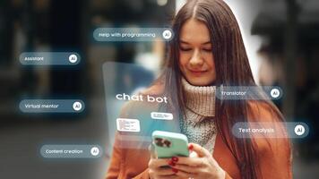 Young woman using smartphone to interact with AI chatbot for virtual assistance in programming, translation, and content creation photo