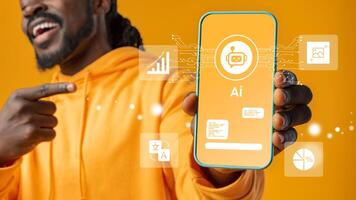 Man showcasing smartphone with AI applications, colorful background, technology enthusiast engaging with digital features photo