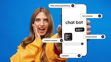 Excited user showcasing chatbot capabilities with smartphone against bright blue background photo