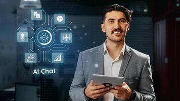 Professional man engages with technology in a modern office environment showcasing AI chat features photo
