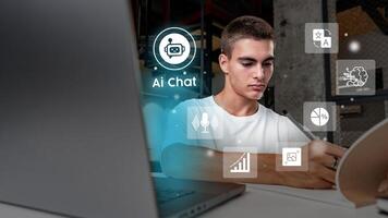 Young man using AI chat technology for study and analysis in a modern workspace photo