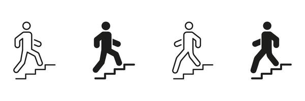 Person Climbing and Descending Stairs Line And Solid Icon Set. Progress, Achievement, And Goal Setting Outline And Silhouette Symbol Collection. Motivation And Success. Isolated Illustration vector