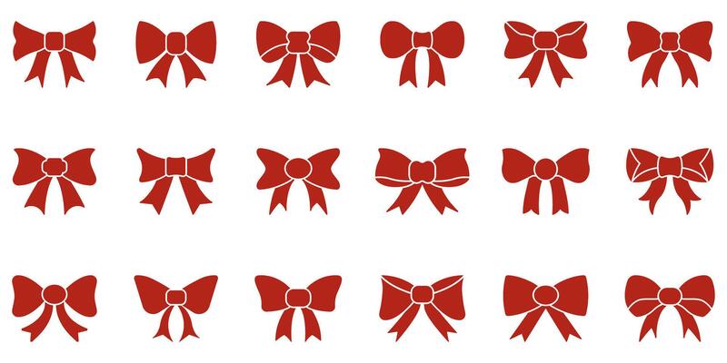 Red Bow Silhouette Icon Set. Decorative Ribbon Bows For Gift Wrapping, Fashion, And Festive Occasions Symbol Collection. Elegant And Stylish Design Elements. Isolated Illustration