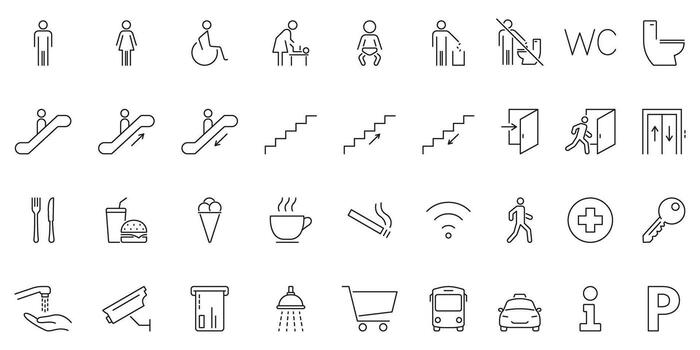 Public Facility And Amenities Icon Set. Universal Symbols For Accessibility, Navigation and Services In Public Spaces. Includes Restrooms, Elevators, Food and Security. Isolated Illustration vector