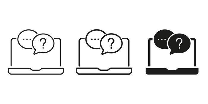 Laptop With Speech Bubbles Icon Set. Online Communication, Customer Support, And Virtual Assistance Outline And Silhouette Symbol Collection. Digital Interaction. Isolated Illustration vector