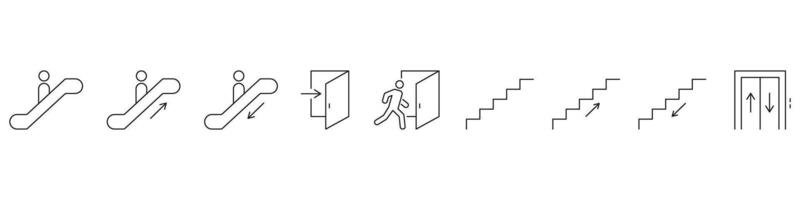 Escalator, Door, Stairs and Elevator Line Icon Set. Public Transportation And Building Navigation Outline Symbol Collection. Directional Movement. Editable Stroke. Isolated Illustration vector