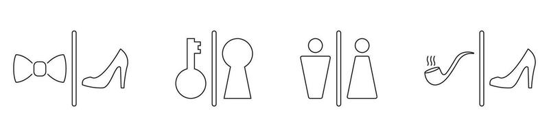 Bow Tie, Key, Gender Symbols, Pipe and High Heel Line Icon Set. Gender Differentiation Outline Symbol Collection. Set of Male and Female Restroom Icons. Editable Stroke. Isolated Illustration vector