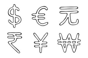 Hand drawn multiple currencies symbol set Dollar euro yuan yen won rupee twenty-one vector