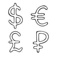 Hand drawn multiple currencies symbol set Dollar euro pound ruble twenty-one vector