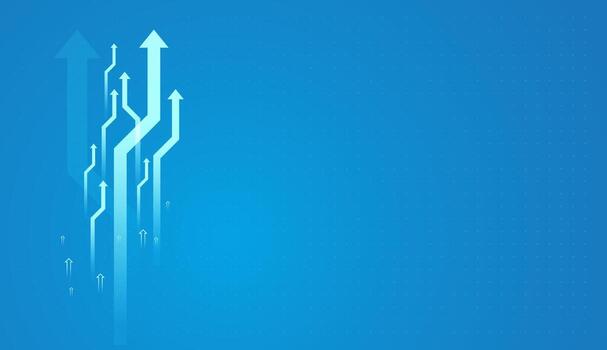 Collection of Arrows concept for up trend, charts, value, performance. Multiple upward arrows symbolize growth, direction, and success, central point on a vibrant blue digital background vector