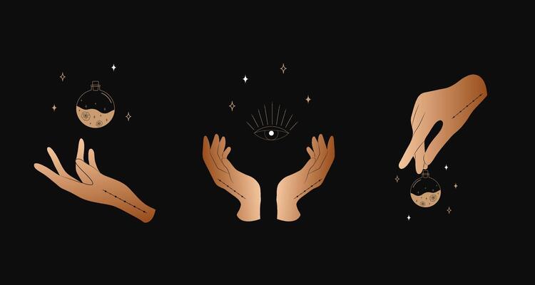 Set of female hands. Witch magic and occult collection. Different hand gestures with sword, stars and crystal. Abstract logo for tarot cards, tattoo, spiritual poster.