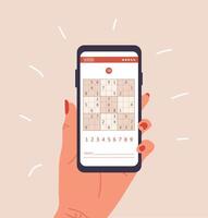 Sudoku game. Woman holding smartphone with crossword puzzle. Learning and leisure concept. Task for development of logical thinking and training brain. illustration in flat cartoon style vector