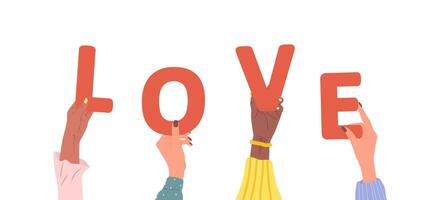 Group of different female hands holding red word Love. Diverse multi-ethnic people are together. hand drawn illustration in cartoon style. Partnership and solution cooperation vector