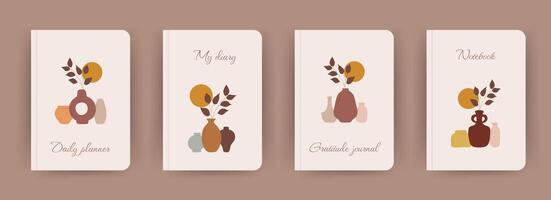Cover page notebook collection. Templates with abstract vases in boho style. Perfect for diary, books, magazines, journals, catalogs, planners and flyers. layouts vector