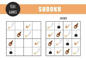 Sudoku for kids. Children activity sheet. Puzzle game with pirate items. Education and leisure concept. illustration in flat cartoon style vector