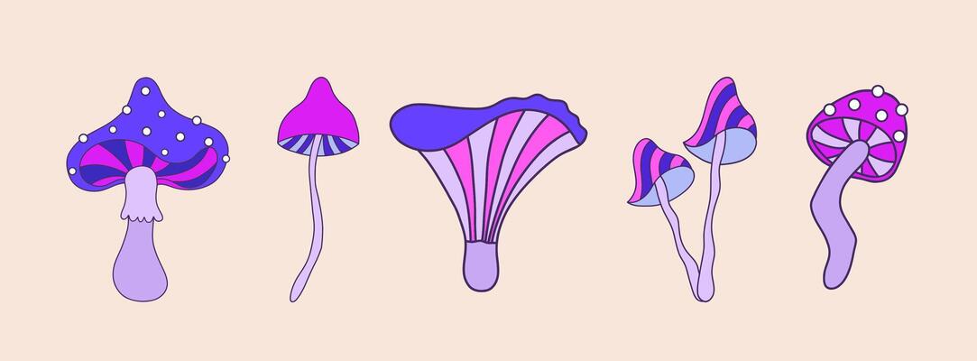 Groovy mushrooms. Vintage elements. Hippie illustration in flat cartoon style. Psychedelic funky funguses.