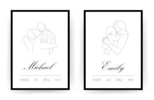 Baby Shower poster for children bedroom. Newborn metric with name, date of birth, weight and height. Linear mother hugging her child. One line art. Minimalistic illustration vector