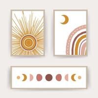 Posters with abstract rainbow, moon and sun. Scandinavian design for wallpaper and home decor. Contemporary geometric backgrounds. Modern illustration in flat style vector
