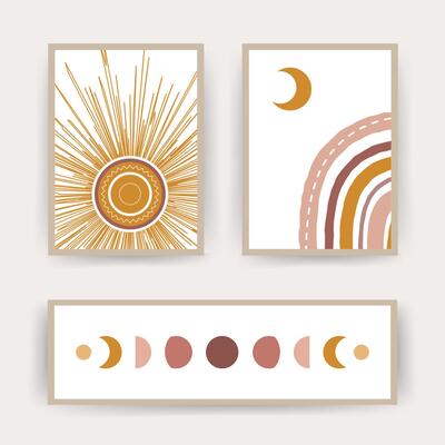 Posters with abstract rainbow, moon and sun. Scandinavian design for wallpaper and home decor. Contemporary geometric backgrounds. Modern illustration in flat style
