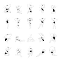 Abstract women in straw hats. Set of modern linear female figures. Elegant girls in black bikinis. outline illustrations in minimalistic style. Design for logo, print, card, poster vector