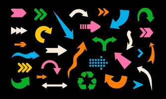 Colorful arrows set on dark background. Abstract icons in modern sketch style. Trendy Y2K retro pointers. vector