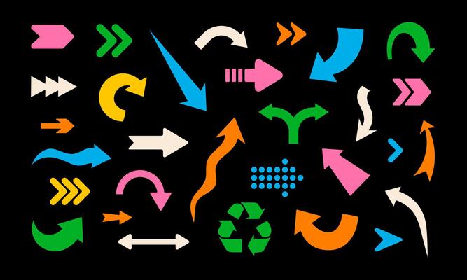 Colorful arrows set on dark background. Abstract icons in modern sketch style. Trendy Y2K retro pointers.