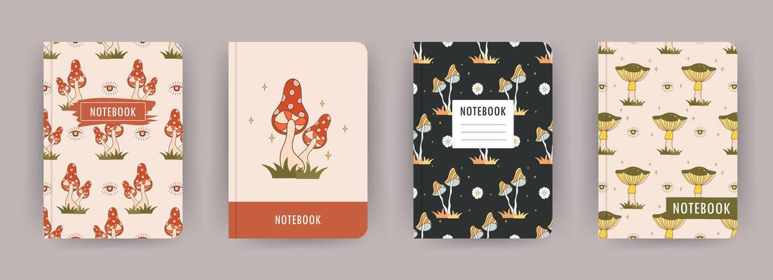 Cover page notebook collection. Templates with groovy mushrooms. Perfect for diary, books, magazines, journals, catalogs, planners and flyers. layouts