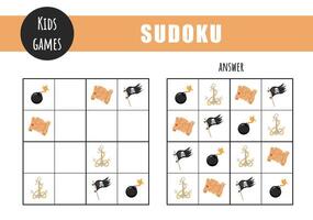 Sudoku for kids. Children activity sheet. Puzzle game with pirate items. vector